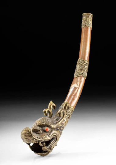 19th to Early 20th Cent. Tibetan Ritualistic Buddhist Trumpet 17 inches tall! w/ COA brass dragon or Makara shaped trumpet Stunning Ornate