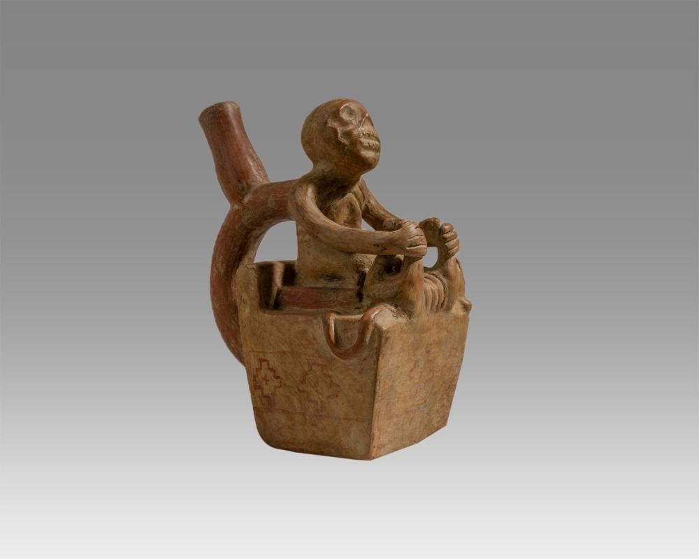 Authentic Pre-Columbian Moche 'Sacrifice Scene' Pottery Stirrup ca. 500-800CE (AD) with COA & Provenance skeletal warrior with bound animal