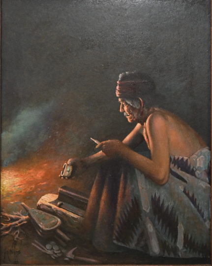 Joseph Roy Willis (American 1876-1960) Original Oil- 25.5"H x 21.5"W- 'Navajo Silversmith by Fire' Displayed in Museums & high gallery price