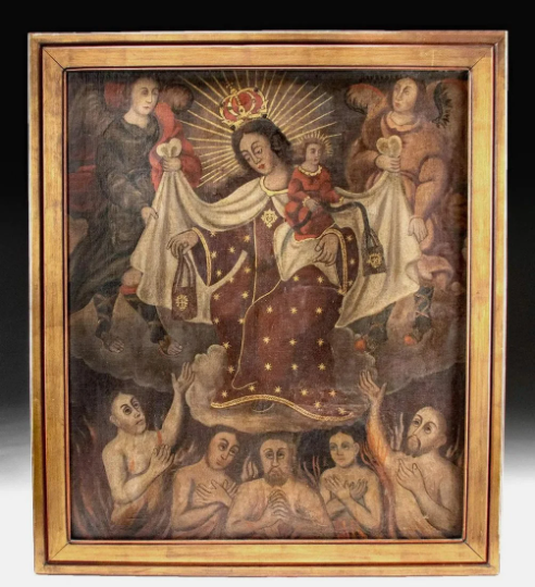 HUGE (51.5" L x 44.75 W) Authentic 19th C. Spanish Colonial Painting of 'Virgin Mary with Christ Child' with / COA- Stunning Statement Piece