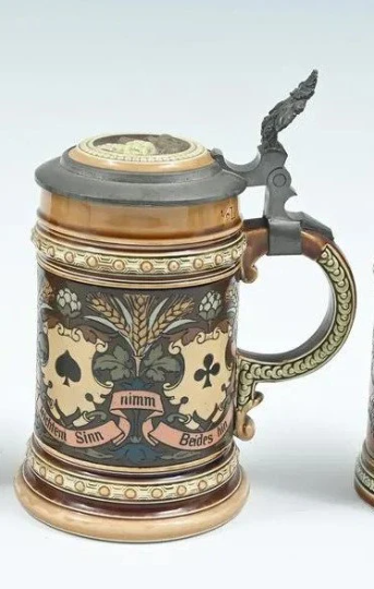 Antique Mettlach Villeroy & Boch Beer Stein Etched 'French Cards' #1395 circa 1900 -1/2 Liter - Beautiful Condition! Mettlach 1395