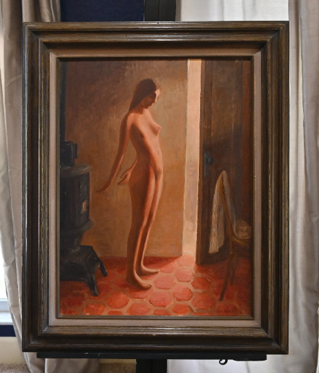 Eli Levin (AKA Jo Basiste -American 1938-) Original Oil - 30.5"H x 24.5"W- 'Nude and Wood Stove' Works are in Museums & high gallery prices!