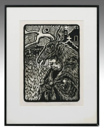 Julian Robles (American 1933-) "Taos Deer Dance" Woodcut 16.25" H X 12.75" W numbered 148/150 Museum exhibited painter high auction prices!