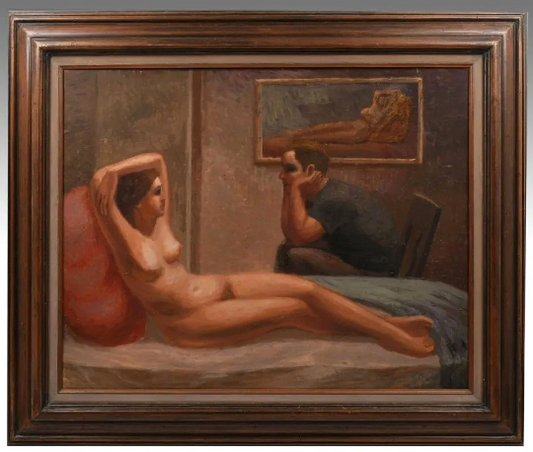 Eli Levin (AKA Jo Basiste  1938-) LARGE Original Oil - 32"H x 38"W 'Nude Model Reclining on Bed' Works are in Museums & high gallery prices