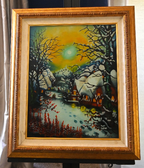 Franjo Vujčec (Croatian) Original Reverse Glass Oil -26"H x 22"W- 'Houses in Winter'-well exhibited high Gallery prices shown in Museums