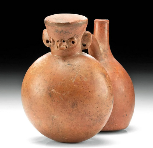 Authentic Pre-Colombian Ex-Museum Viru Culture ca 100 BCE - 600 CE Double Chamber Redware w/ Owl Figure -Unique Piece w/ provenance and COA