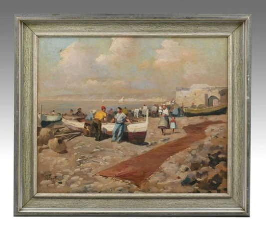 Andrea Fortini (Italian 1902 - 1977) Original Oil - 25"H x 29"W- Italian Coastal Scene w/ Fishermen & Family high auction and gallery prices