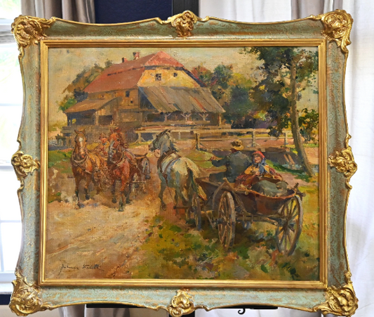 Juliusz Slabiak (Polish 1917 - 1973) Original Oil - 32"H x 37.5"W-  Country Genre Scene w/ Horse-Drawn Cart -High auction and galley prices!
