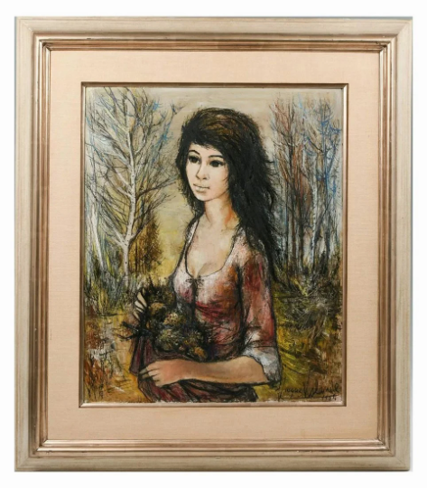 Jacques Lalande (France 1921-2003) Original Oil 39" H x 27" W 'Lady Collecting Pinecones' Well Exhibited Artist-high auction & gallery price