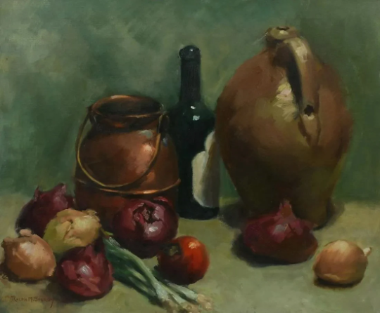 Ralph Sperry (circa 1950-60's) Still Life w/ Copper Kettle, Wine Bottle, Jug and Onions Framed Original Oil 28 x 32 in. Masterfully Executed