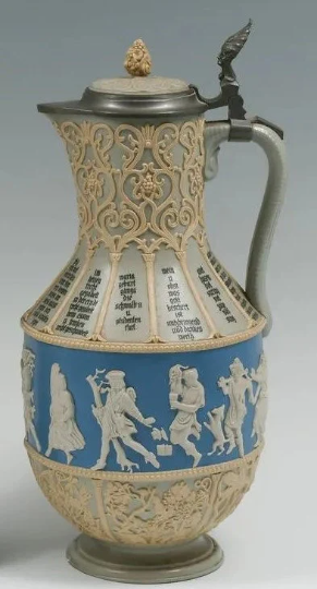 Rare Antique ca. 1892  Villeroy & Boch Relief Pitcher w/ Figures Representing Months and Seasons #171 Tall 15.25 inch -Beautiful Condition!