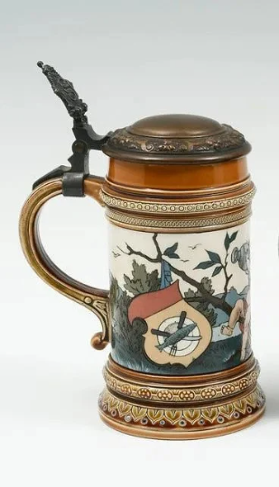 Antique Mettlach Villeroy & Boch Beer Stein Etched 'Infant Drinking' #1396 circa 1885 -Copper Lid -1/2 Liter - Beautiful Condition! 1396 met