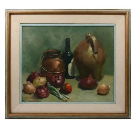 Ralph Sperry (circa 1950-60's) Still Life w/ Copper Kettle, Wine Bottle, Jug and Onions Framed Original Oil 28 x 32 in. Masterfully Executed