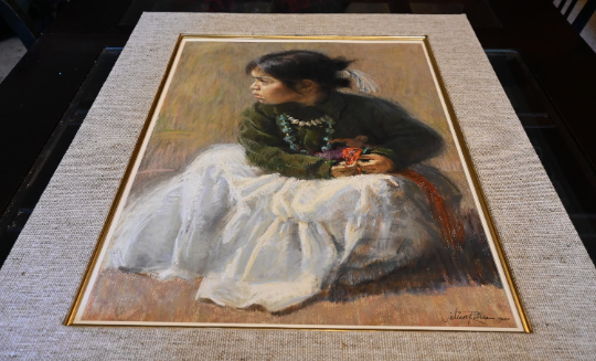 Julian Robles (American 1933-) Large Original Oil Pastel 39" x 31"W 'Native American Girl Seated Playing Doll' Museum exhibited painter WOW!