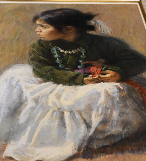 Julian Robles (American 1933-) Large Original Oil Pastel 39" x 31"W 'Native American Girl Seated Playing Doll' Museum exhibited painter WOW!