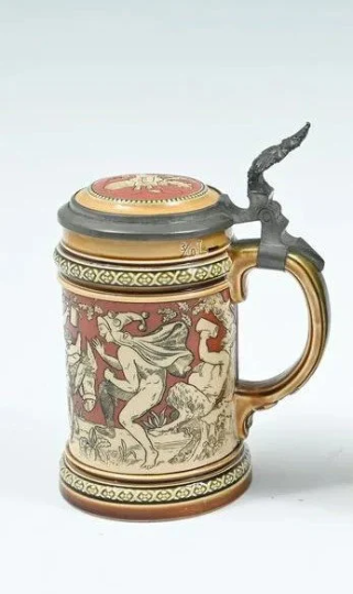 Antique Mettlach Villeroy & Boch Beer Stein Etched 'Bacchus Draught' #2035 circa 1891 .3 Liters - Beautiful Condition! Mettlach 2035