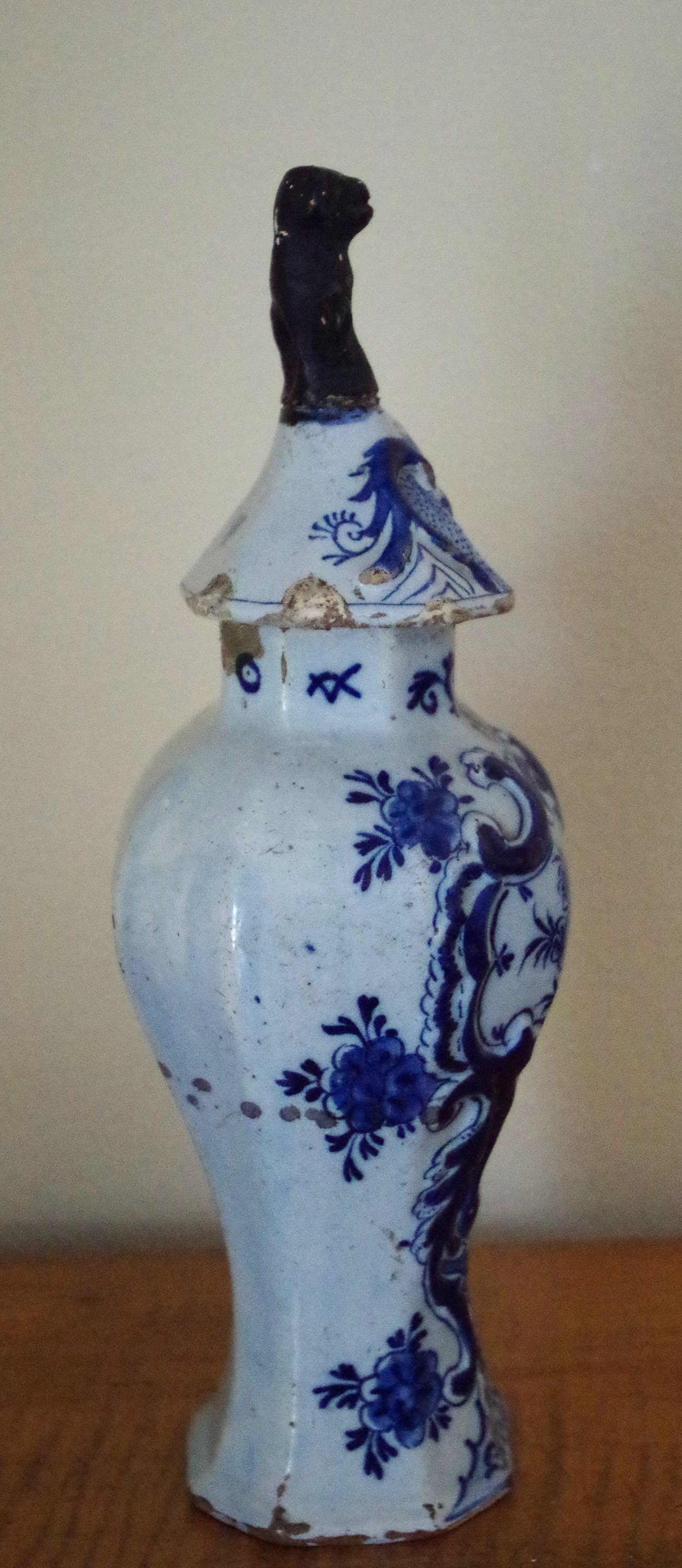 18th Century Delft Lidded Vase Oriental with Foo Dog scene 13" Height
