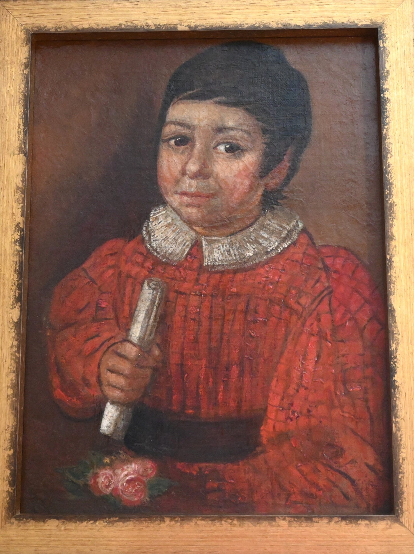 Authentic 19th Century Spanish Colonial Painting with COA- Boy w/ Scroll 14 1/4" W by 18 1/8" H circa mid 1800's