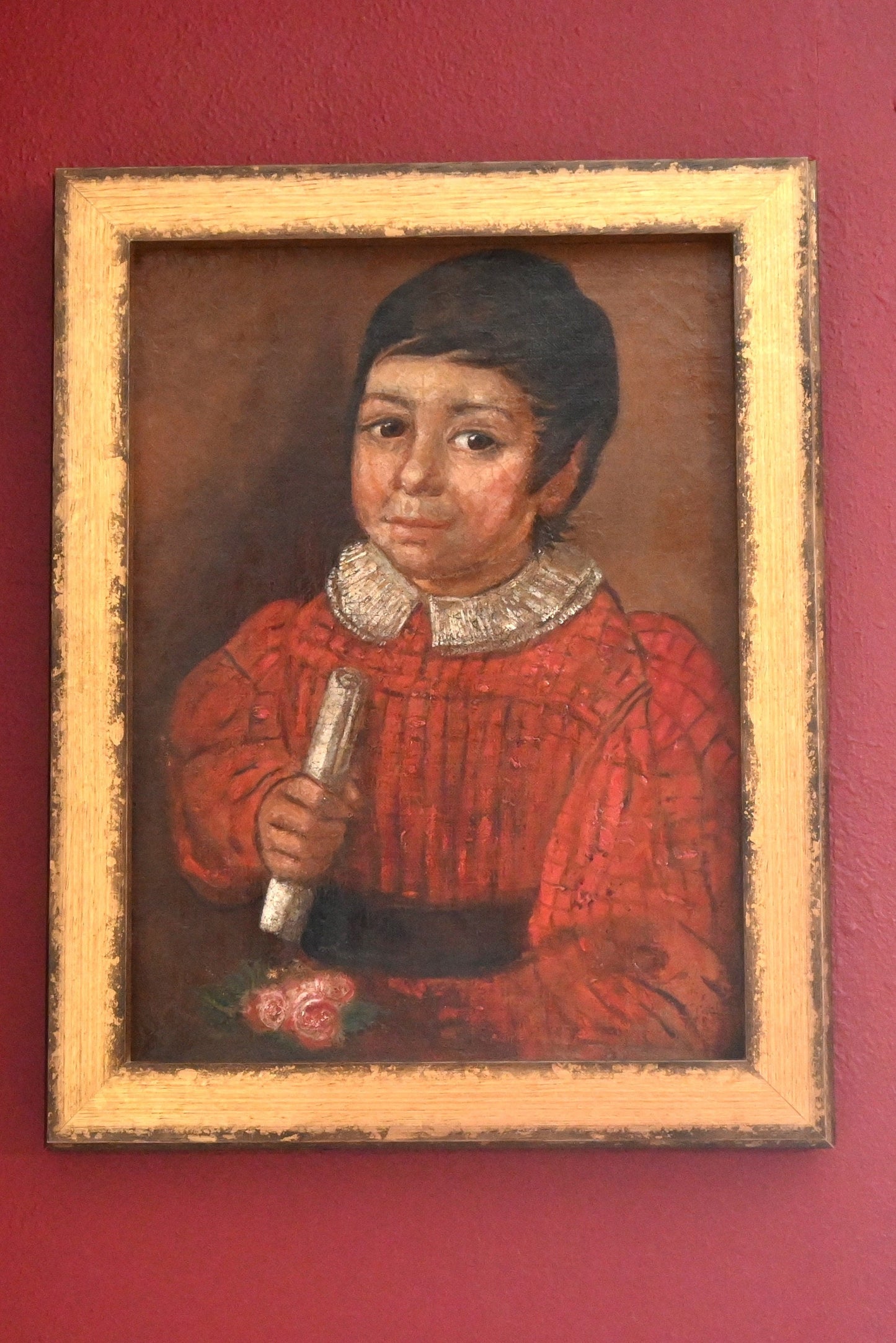 Authentic 19th Century Spanish Colonial Painting with COA- Boy w/ Scroll 14 1/4" W by 18 1/8" H circa mid 1800's