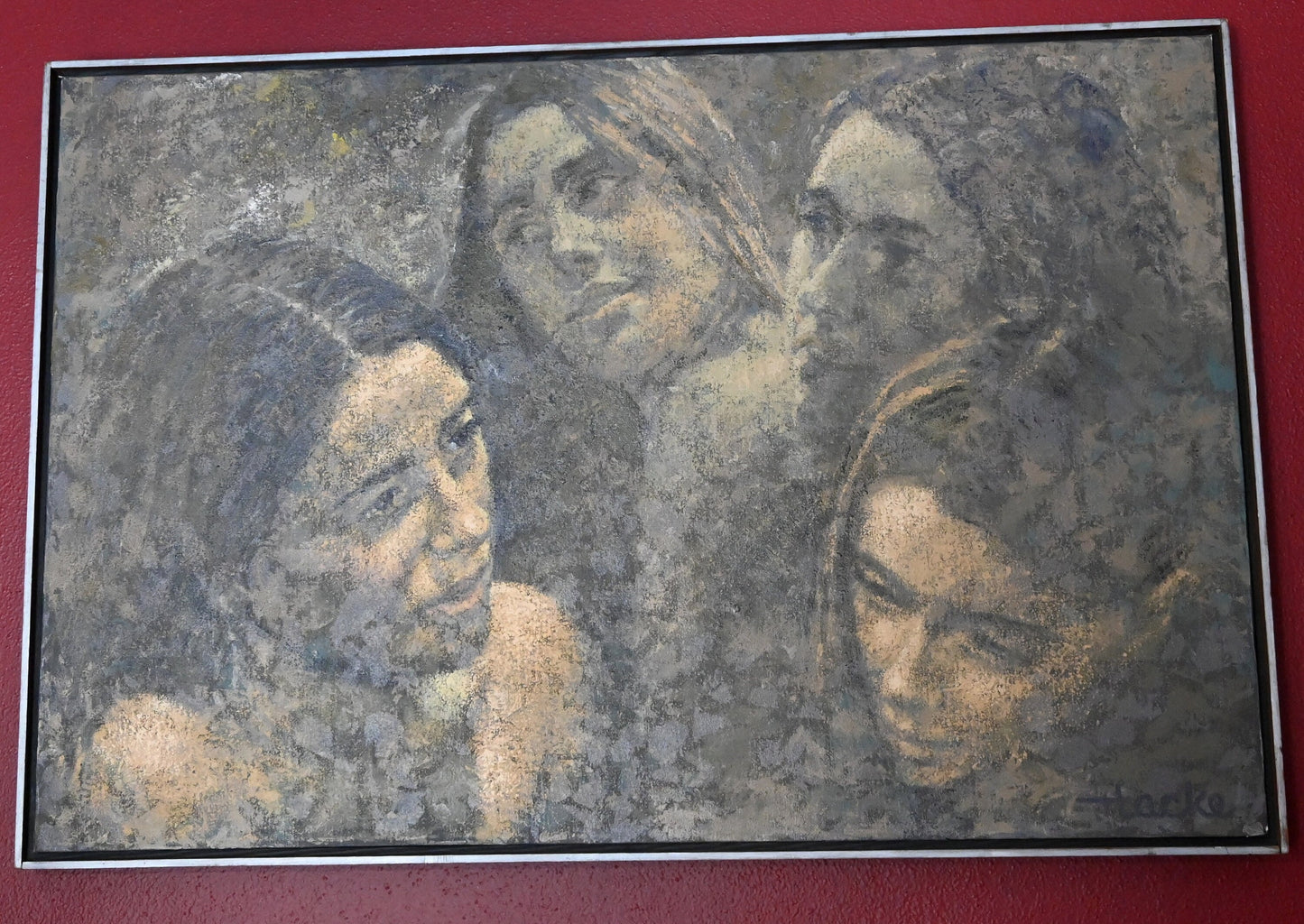 Large William Tacke Original acrylic Painting - Titled 'Faces '-Well listed Artist 37 X 25 inches Framed!