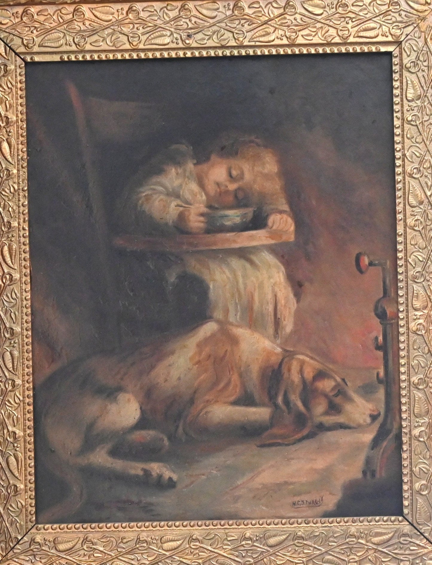 William Edward Sturgis (Missouri early 20th century) Original Oil - 27"H x 23"W- "Child sleeping with Dog' Framed