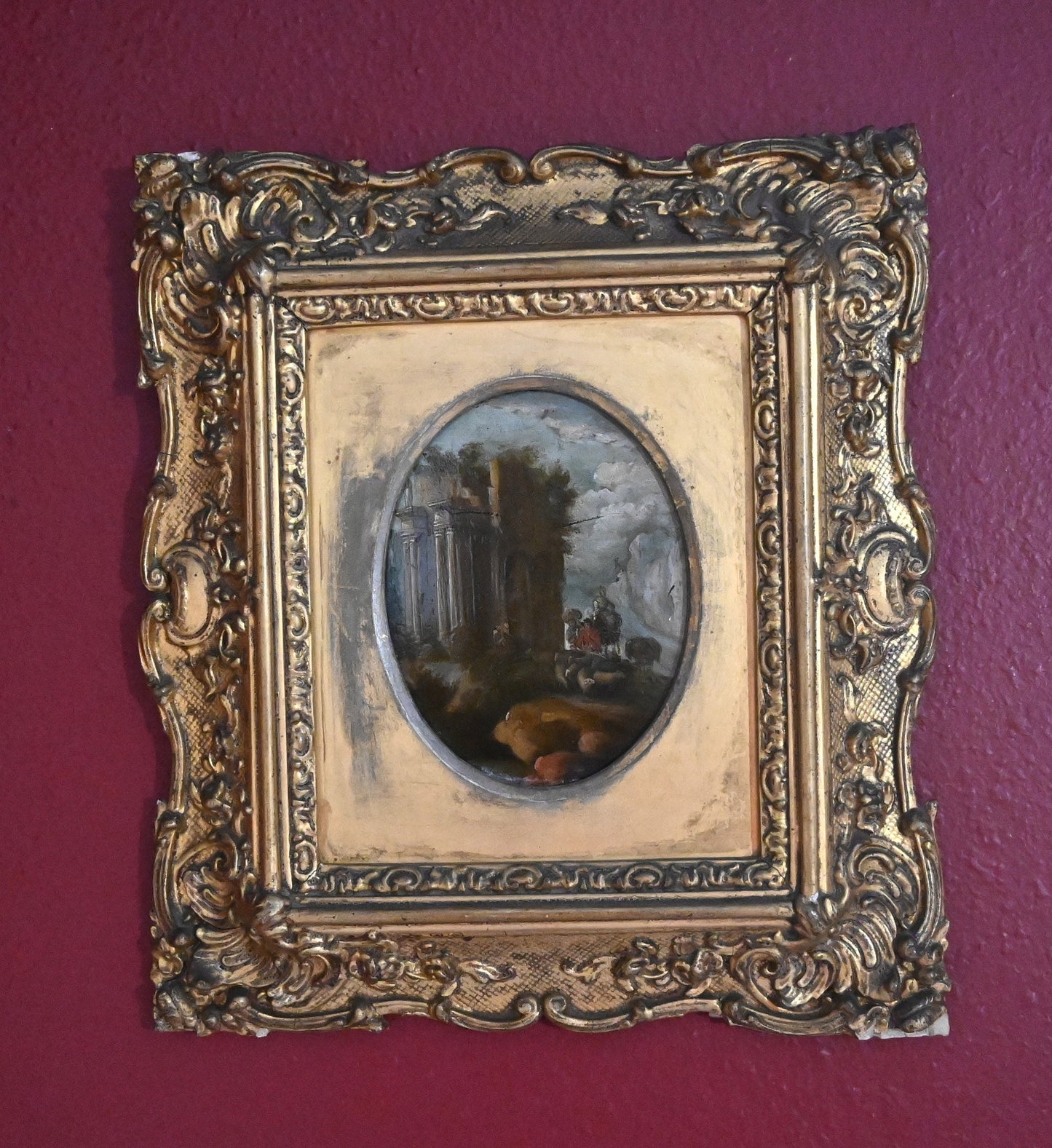 1700's Classical Ruin Master Painting on Copper circle of Charles Louis Clerisseau (French 1721-1820) 27 cm by 23.5 cm) period frame