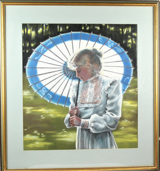 Stunning & Large Original Pastel by Carrie Gardner Stevens, American 28 1/2" H X 26 1/2" W -'Lady Holding Umbrella'