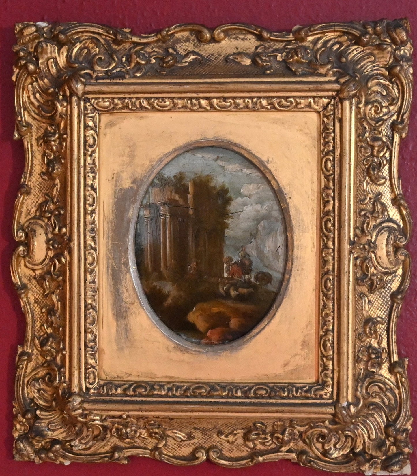 1700's Classical Ruin Master Painting on Copper circle of Charles Louis Clerisseau (French 1721-1820) 27 cm by 23.5 cm) period frame