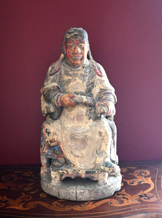 Chinese 19th Century Qing Dynasty Hand Carved & Painted Seated Buddhist Monk Temple Statue Large 19 1/8 inches in height  Bodhisattva