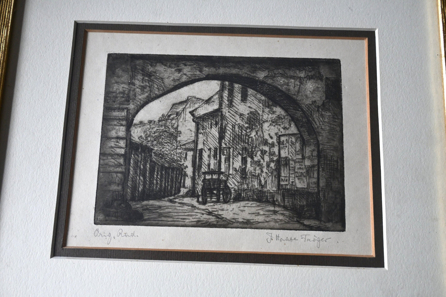 Janina Haase-Troger (b. 1886) Austrian etching, framed, signed lower right in pencil plate size: H 4 1/8" W 5 3/4"