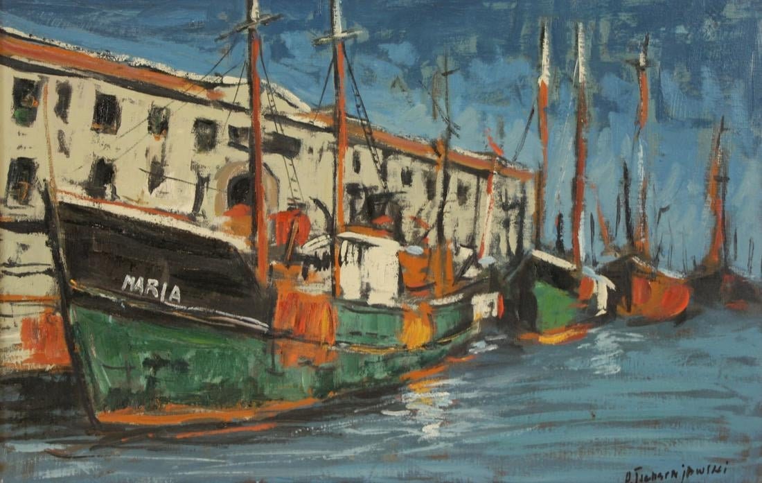 Alex Tschernjawski (B. 1933-) Original Oil 'Harbor Scene'- Contemporary listed painter high auction prices -Framed  free shipping!