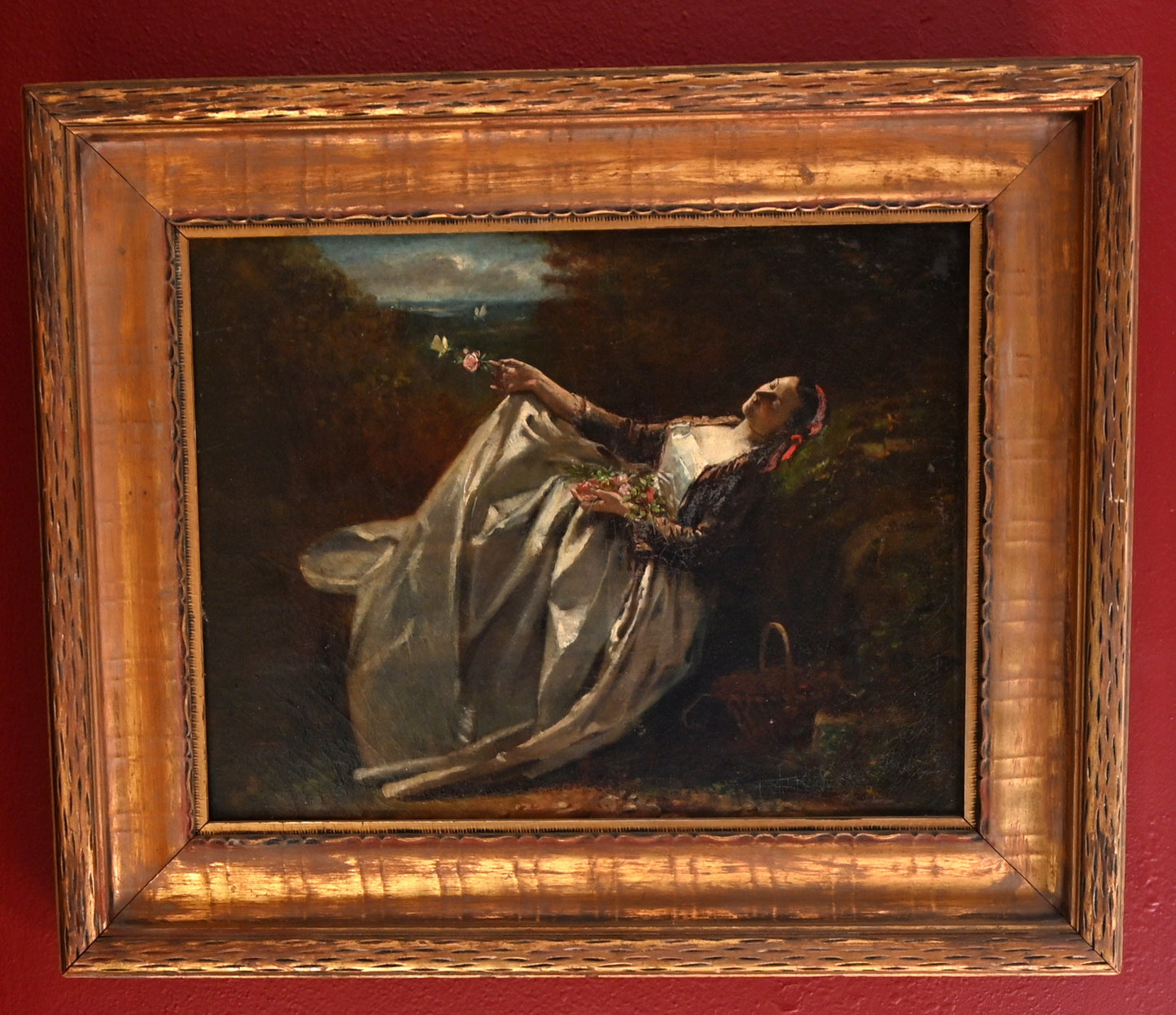 Paul Billou (France 1821 - 1868) STUNNING Original Oil 'Lady with Flowers'  Period Frame- Free Shipping!