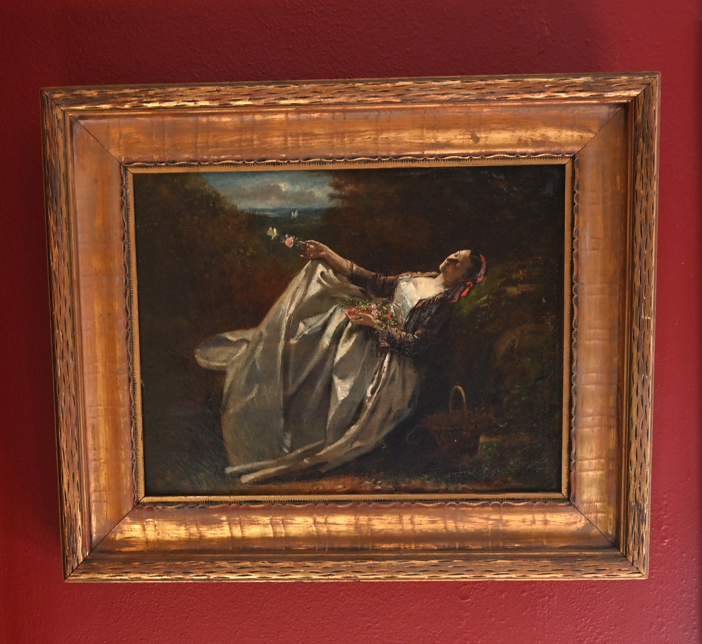 Paul Billou (France 1821 - 1868) STUNNING Original Oil 'Lady with Flowers'  Period Frame- Free Shipping!