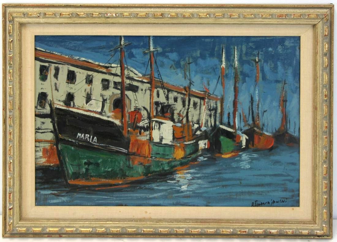 Alex Tschernjawski (B. 1933-) Original Oil 'Harbor Scene'- Contemporary listed painter high auction prices -Framed  free shipping!