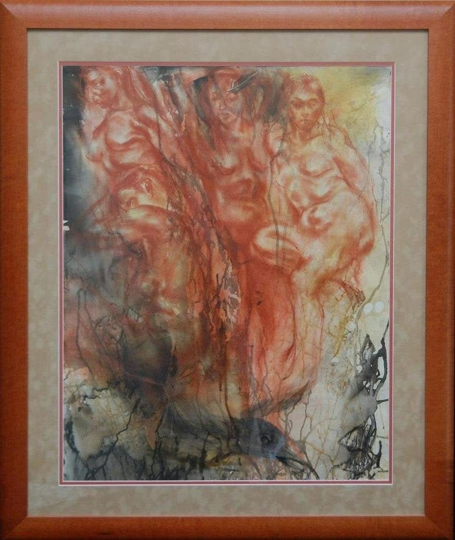 Leonard Kaplan (American 1922-2008)  Surrealistic Nude Figures - original mixed media painting -Stunning! -Highly collectible Artist!