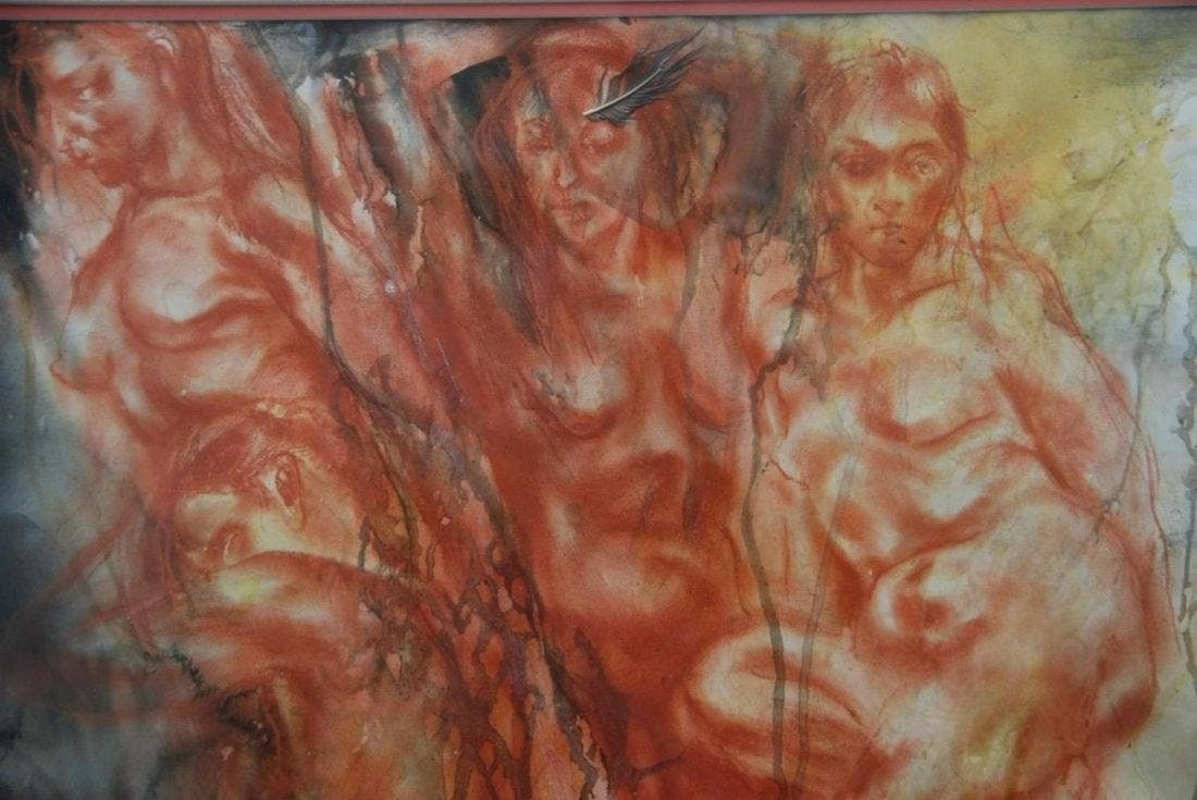 Leonard Kaplan (American 1922-2008)  Surrealistic Nude Figures - original mixed media painting -Stunning! -Highly collectible Artist!
