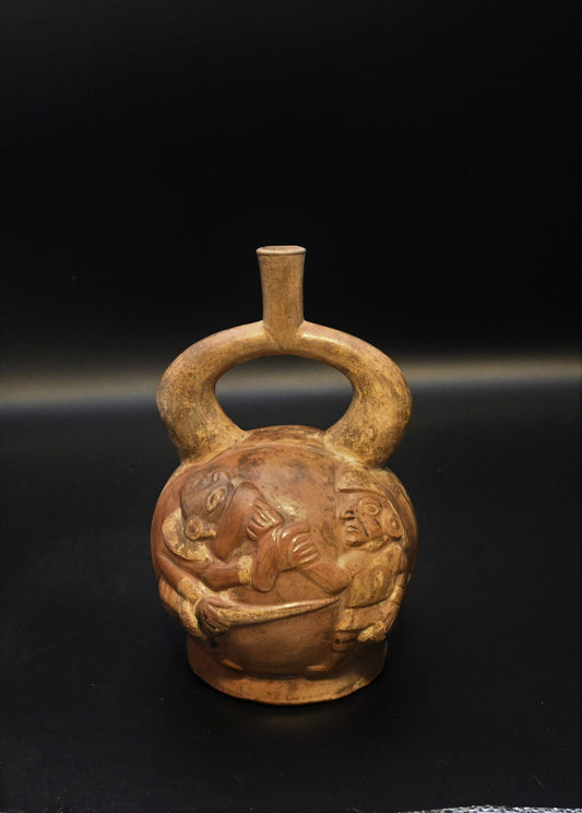 Authentic Pre-Columbian Moche 'Battle Scene' Pottery Stirrup ca. 500-700CE (AD) with COA and Provenance Striking Detail (see photos)