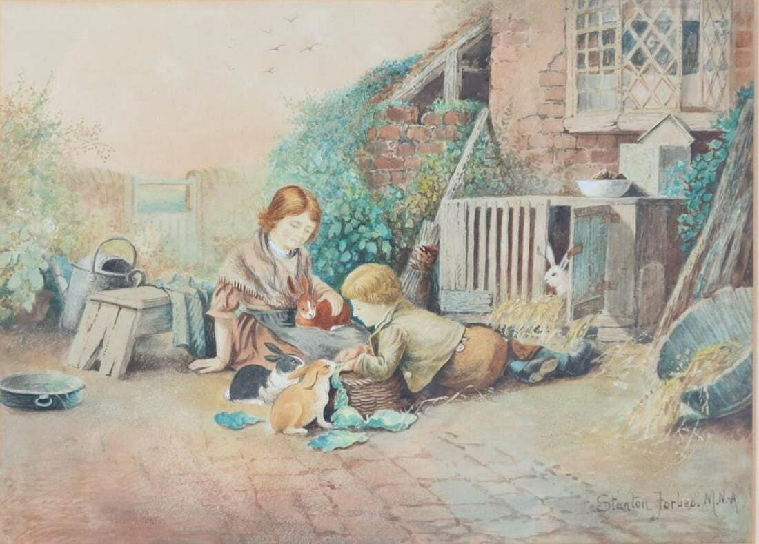 William Stanton Forbes ( American 1912-1989) Original Watercolor - 21"H x 25"W -great detail and technique delightful scene