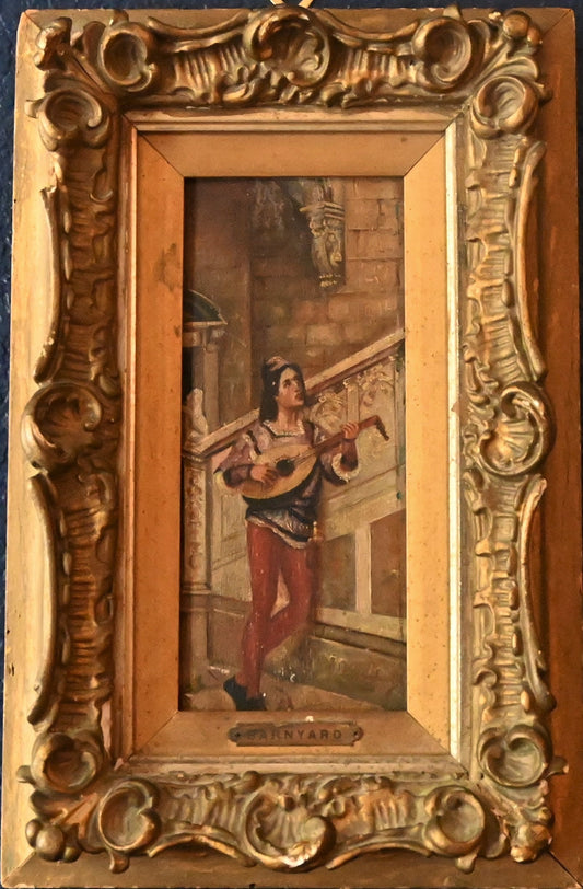 18th-19th Century Venetian Painting of Lute Player  -signature illegible needs research -10 5/8 X 16 5/8 inches- Well executed 1750's-1850's
