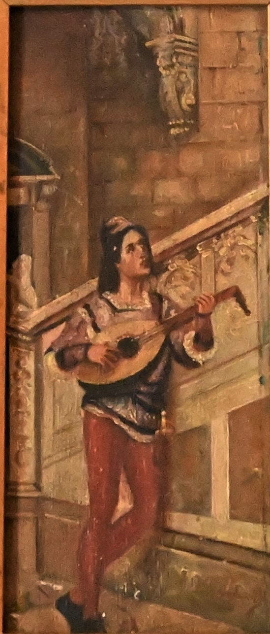 18th-19th Century Venetian Painting of Lute Player  -signature illegible needs research -10 5/8 X 16 5/8 inches- Well executed 1750's-1850's