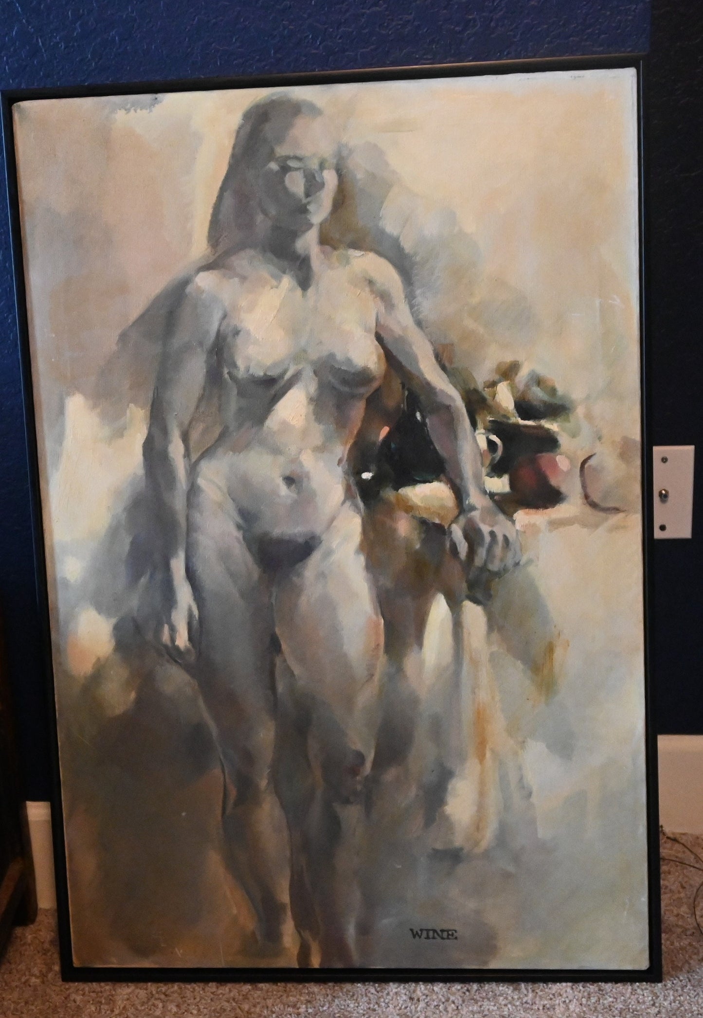 Graham Wine (New Zealand 1941-) Original Female Nude Portrait Study Oil Large (25 X 37 inches)-Stunning and Elegant