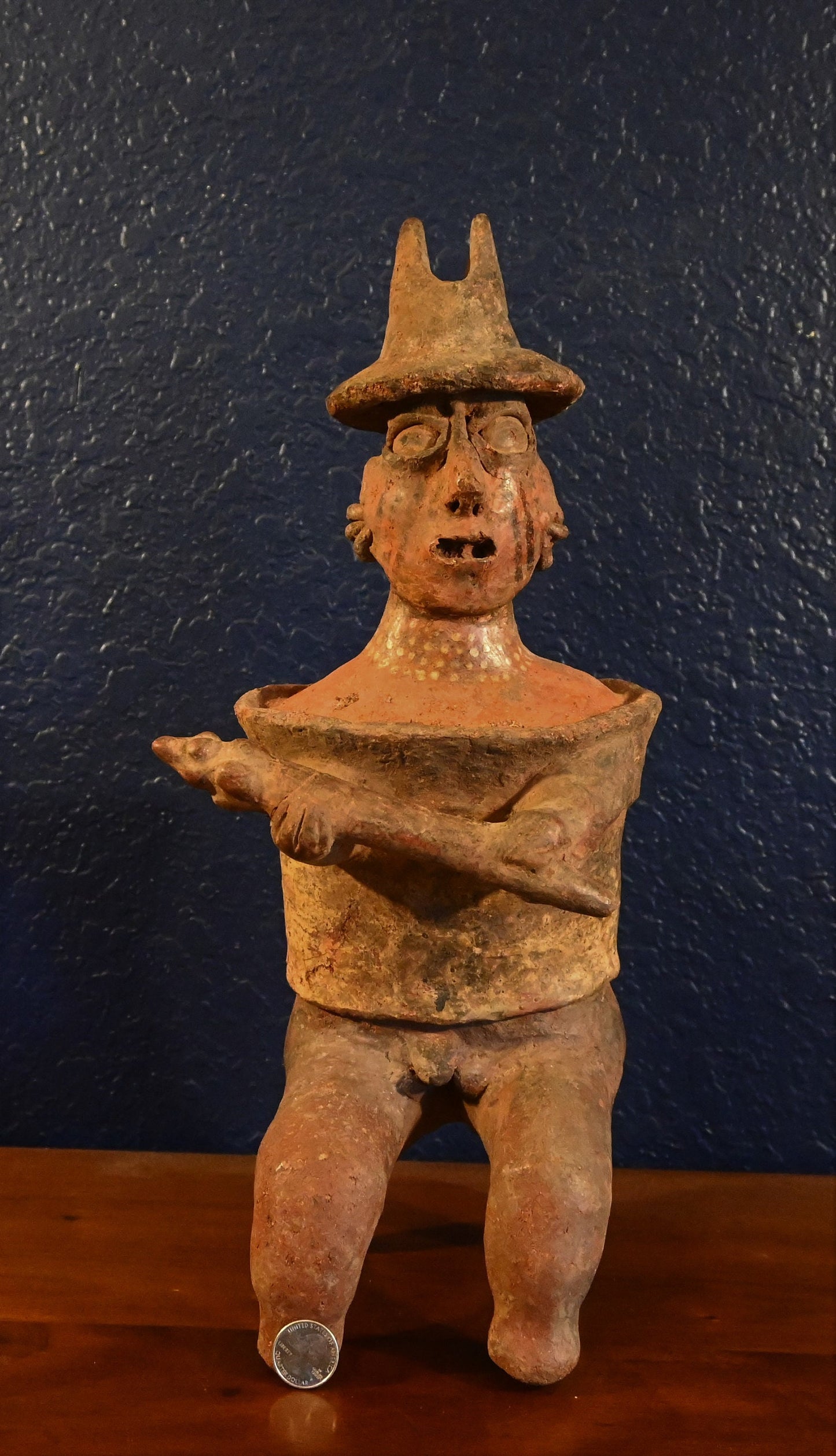 Large (17 5/8 inches) Authentic Nayarit, ca. 100 BCE to 250 CE Pre-Columbian Barrel Seated Warrior w/ Certificate Authenticity & Provenance