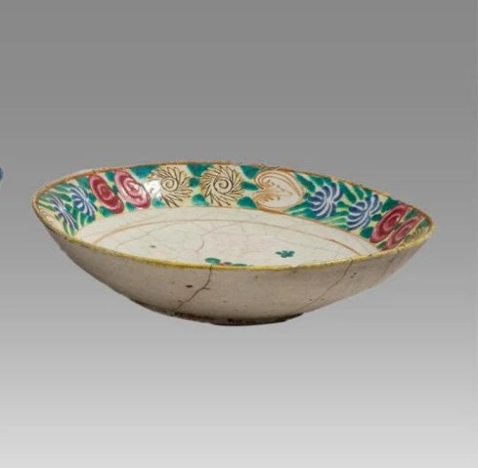 PERSIAN QAJAR DYNASTY 19th Century, Ceramic Bowl Yellow, Red and Green on Cream Base- floral 9 7/8 inches (25.08 cm) in Diameter