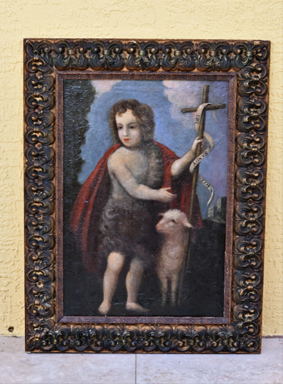 Large Authentic 18th C. Spanish or Italian Oil St. John the Baptist as a child 27.5 x 36 Inches with COA and Provenance- Delightful Piece!
